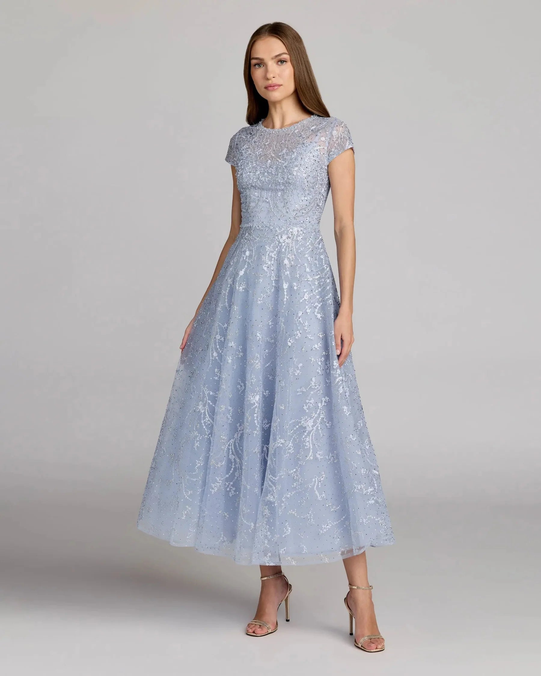 Beaded Cap-Sleeve Illusion-Neck A-Line Tea-Length Wedding Guest Dress