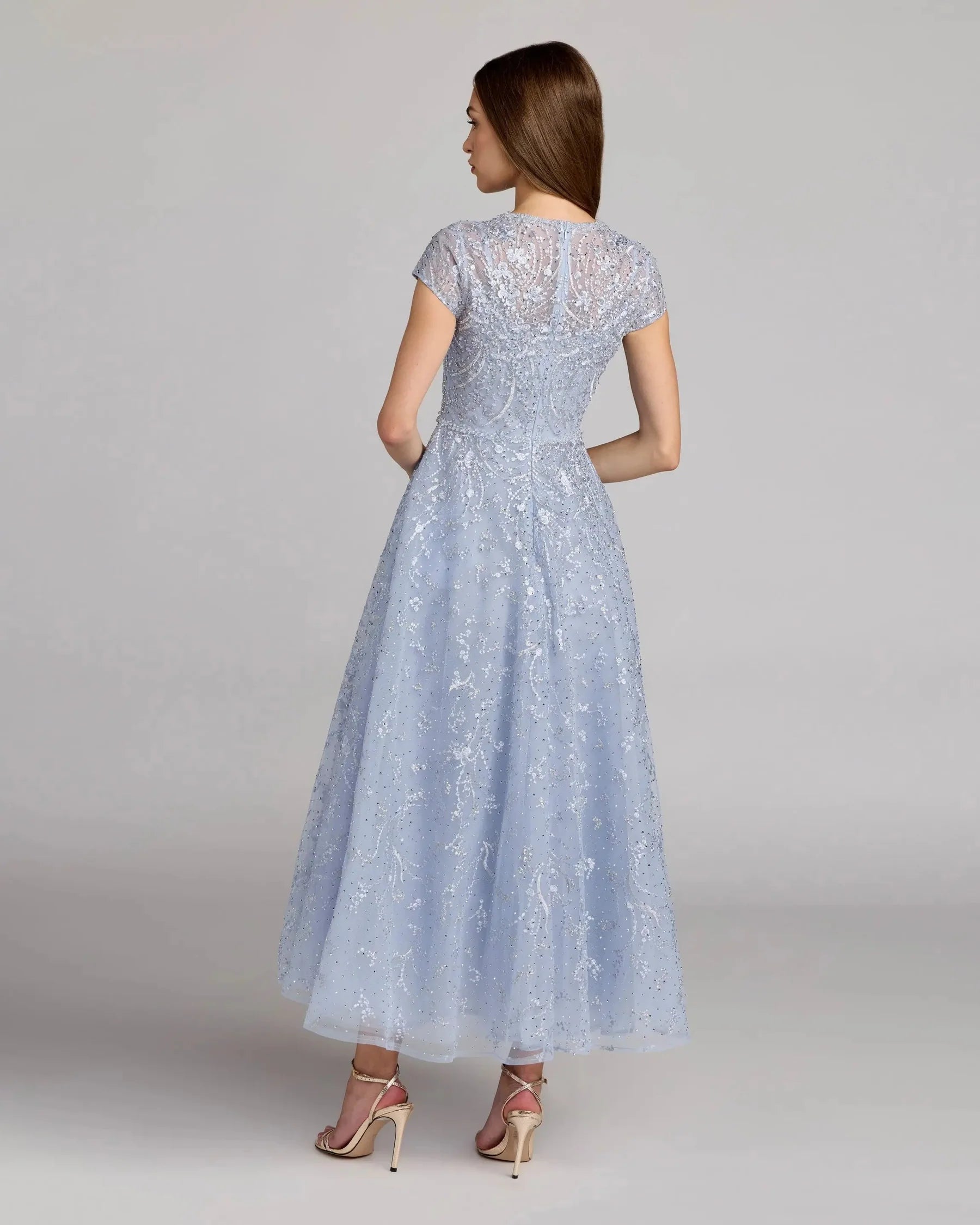 Beaded Cap-Sleeve Illusion-Neck A-Line Tea-Length Wedding Guest Dress