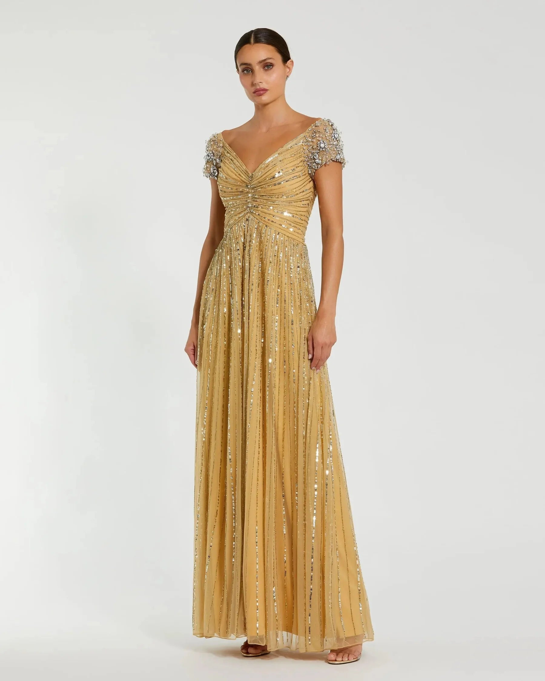 Beaded Cap Sleeve Sweetheart-Neck Wedding Guest Dress Sequin Embellished A-Line Evening Dress
