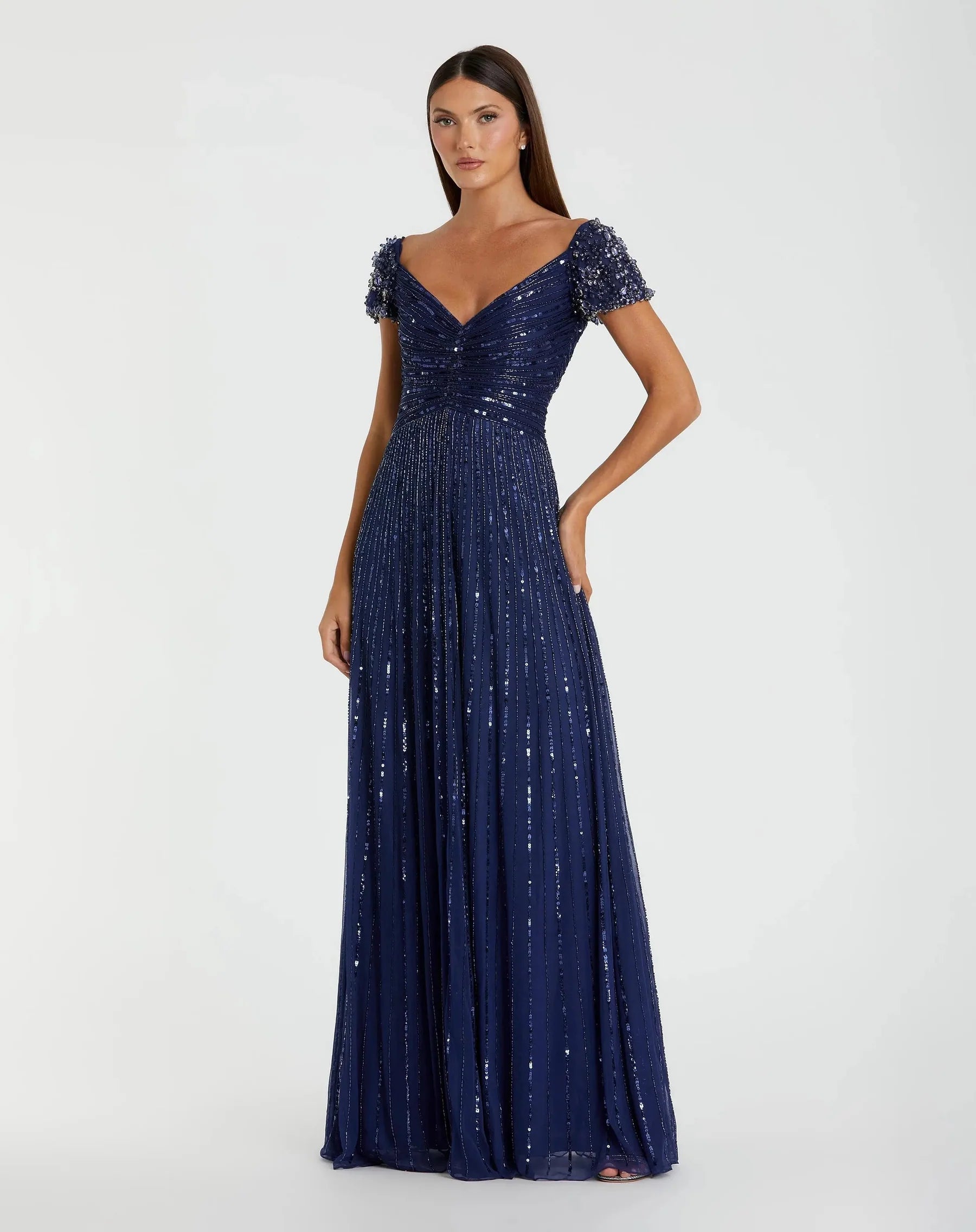 Beaded Cap Sleeve Sweetheart-Neck Wedding Guest Dress Sequin Embellished A-Line Evening Dress