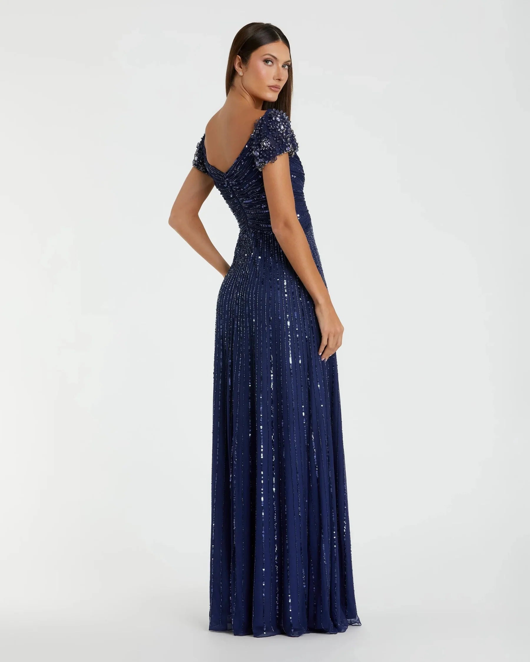 Beaded Cap Sleeve Sweetheart-Neck Wedding Guest Dress Sequin Embellished A-Line Evening Dress