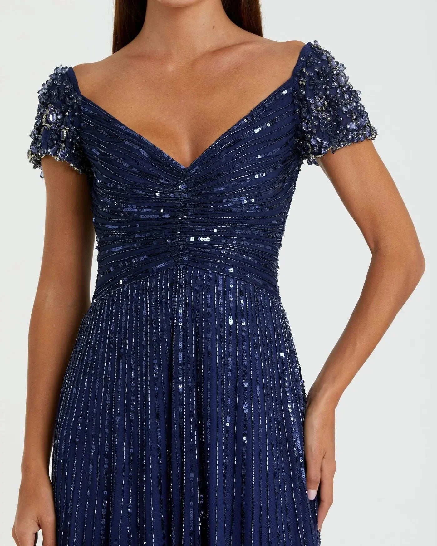 Beaded Cap Sleeve Sweetheart-Neck Wedding Guest Dress Sequin Embellished A-Line Evening Dress