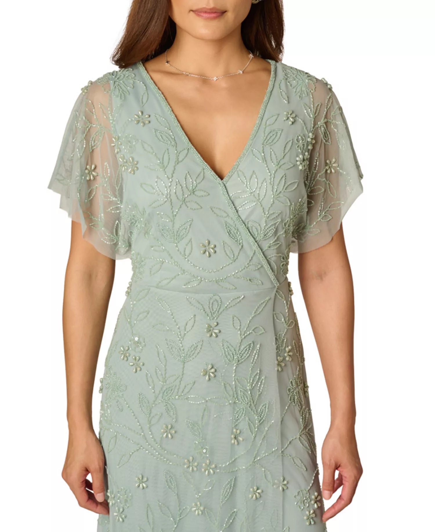 Beaded Floral Wrap V-Neck Flutter Sleeves Mother of the Bride Dress High-Low Evening Gown