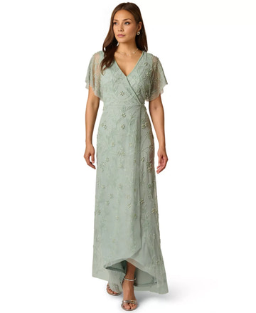 Vestido de noche asimétrico con cuello en V, mangas de volantes y apliques florales de cuentas para la madre de la novia