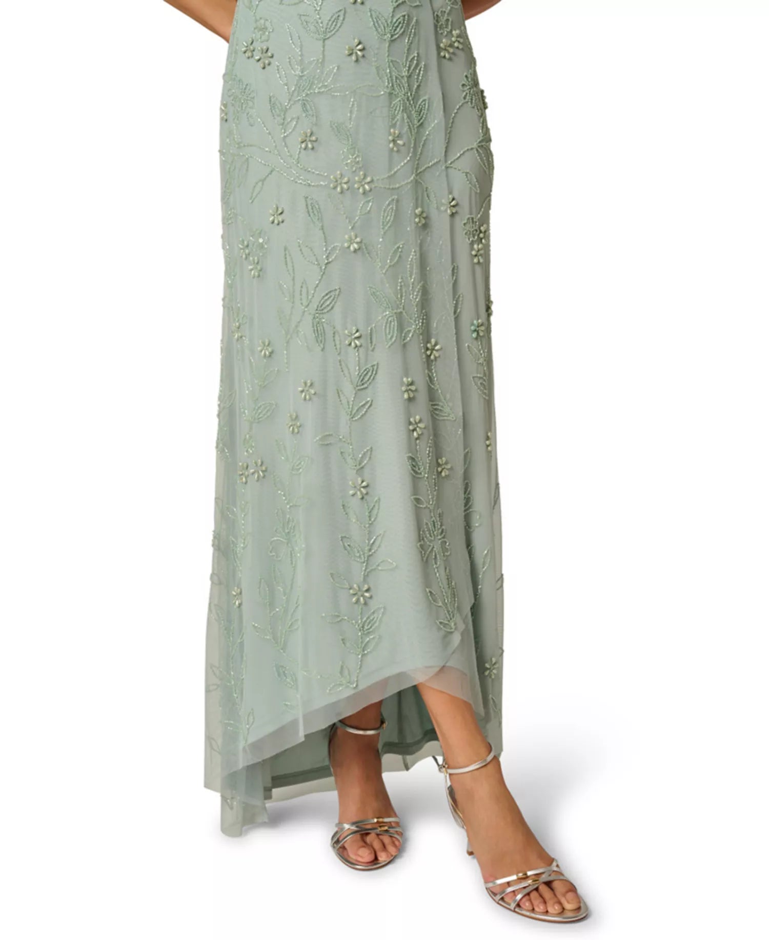 Beaded Floral Wrap V-Neck Flutter Sleeves Mother of the Bride Dress High-Low Evening Gown