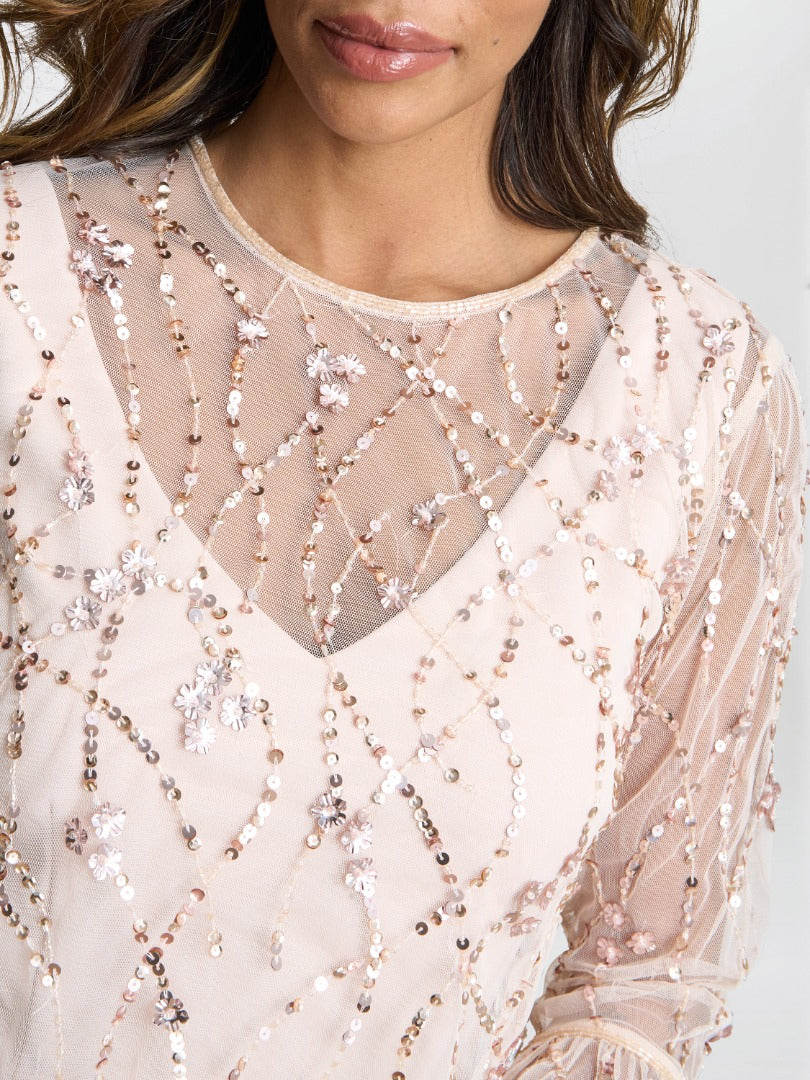 Beaded Jacket With Fluted 3/4 Sleeve And Crepe Shift Mother of the Bride Dress
