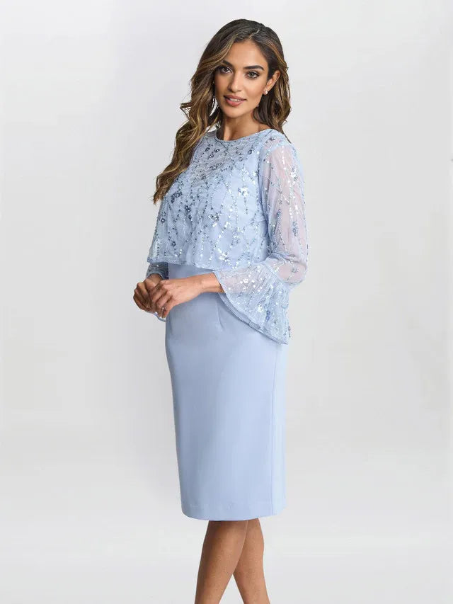 Beaded Jacket With Fluted 3/4 Sleeve And Crepe Shift Mother of the Bride Dress