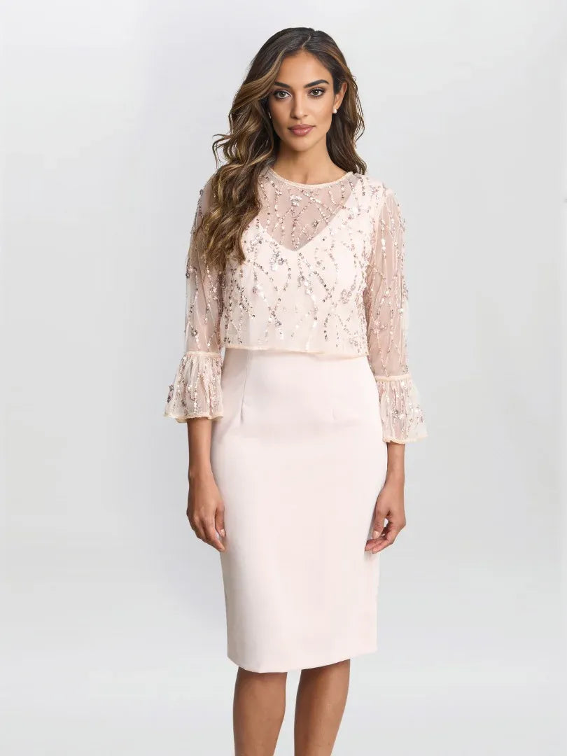Beaded Jacket With Fluted 3/4 Sleeve And Crepe Shift Mother of the Bride Dress