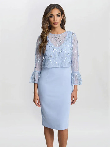 Beaded Jacket With Fluted 3/4 Sleeve And Crepe Shift Mother of the Bride Dress
