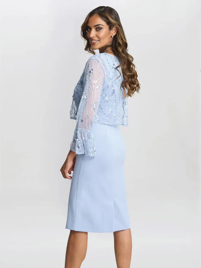 Beaded Jacket With Fluted 3/4 Sleeve And Crepe Shift Mother of the Bride Dress