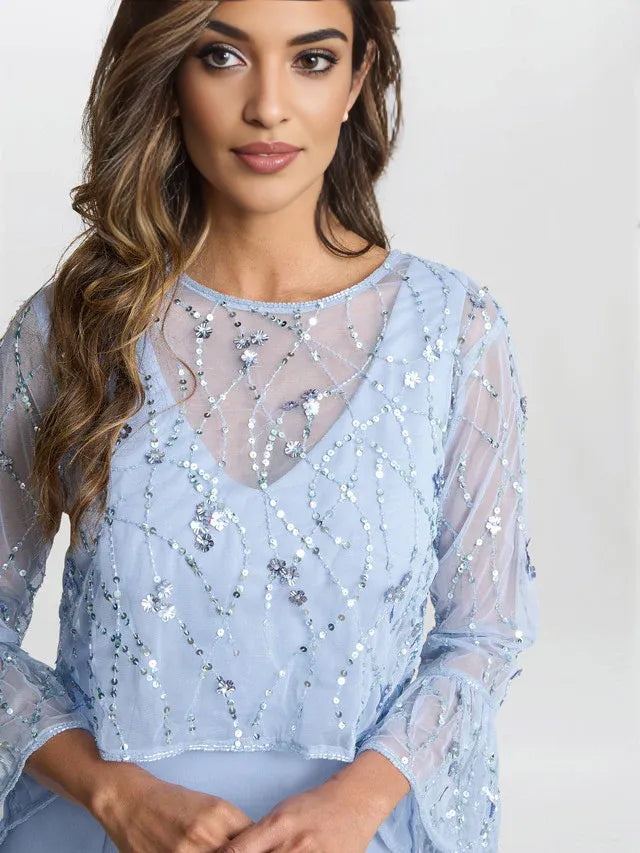 Beaded Jacket With Fluted 3/4 Sleeve And Crepe Shift Mother of the Bride Dress