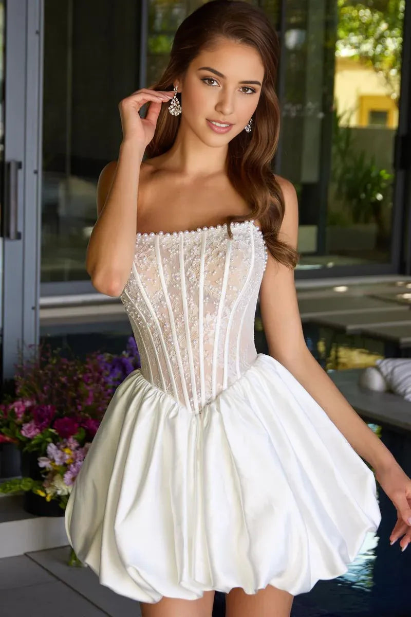 Cute A-line Beaded Lace Strapless Homecoming Dress Corset Bubble Hem Mini Party Dress
