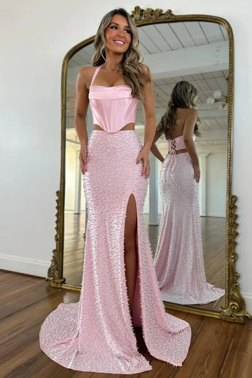 Beaded Mermaid Halter Satin Floor-Length Lace-Up Two-Piece Prom Dress