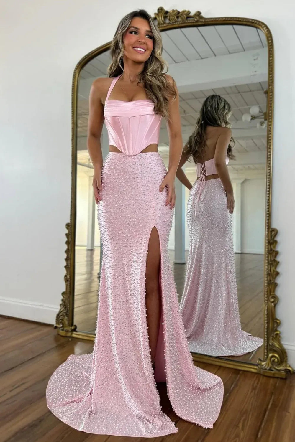 Beaded Mermaid Halter Satin Floor-Length Lace-Up Two-Piece Prom Dress