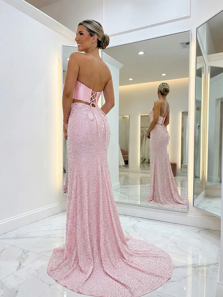 Beaded Mermaid Halter Satin Floor-Length Lace-Up Two-Piece Prom Dress
