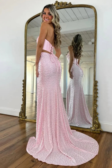 Beaded Mermaid Halter Satin Floor-Length Lace-Up Two-Piece Prom Dress