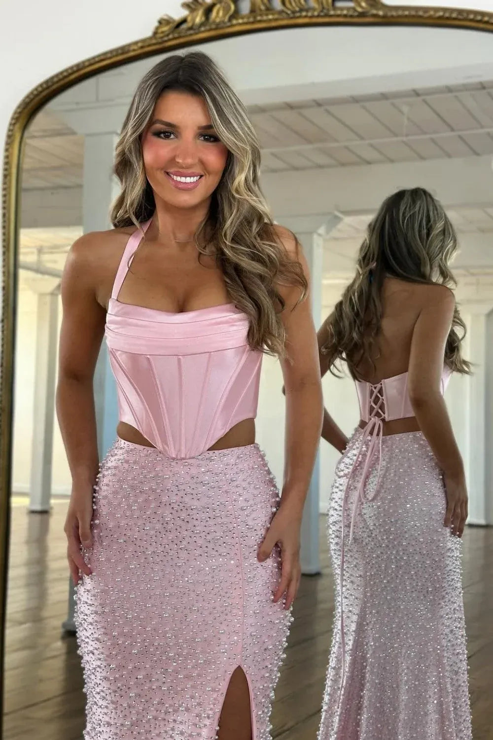 Beaded Mermaid Halter Satin Floor-Length Lace-Up Two-Piece Prom Dress
