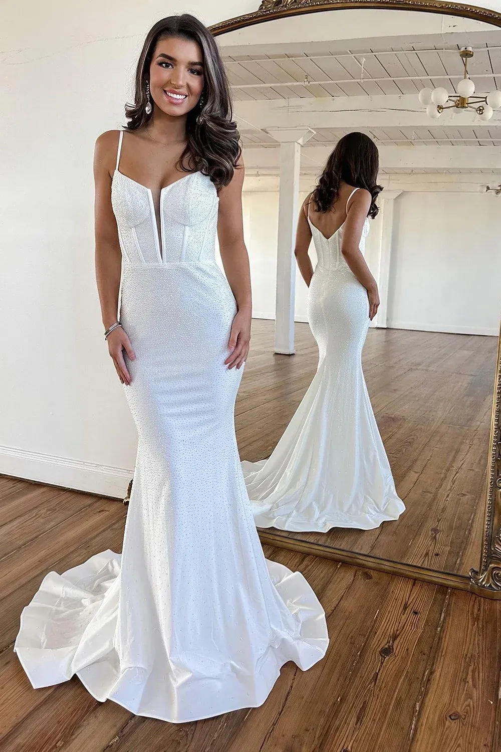 Beaded Mermaid Plunging V-Neck Spaghetti-Strap Prom Dress Sweep-Train Evening Gown
