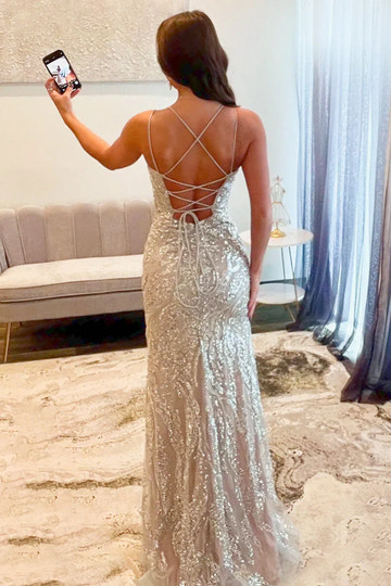 Beaded Mermaid V-Neck Spaghetti-Strap Tulle Floor-Length Lace-Up Evening Gown