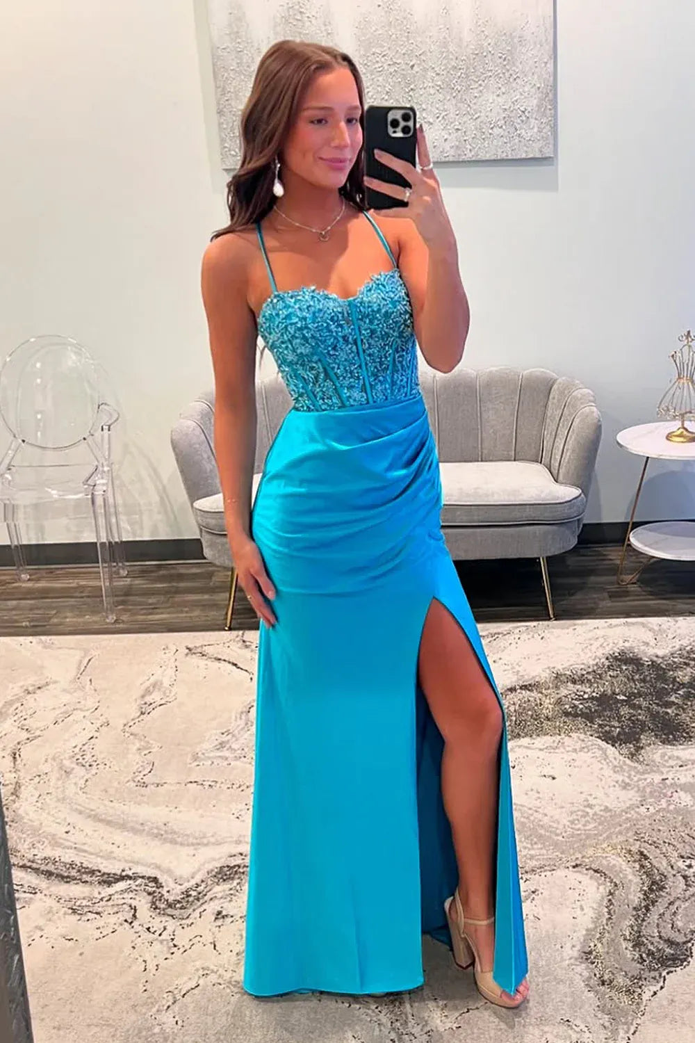 Beaded Lace Corset Sweetheart Neck Spaghetti Strap Ruched Satin High Slit Floor Length Prom Gown