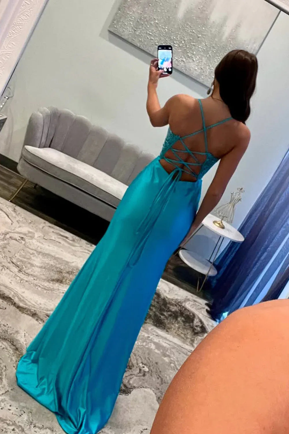 Beaded Lace Corset Sweetheart Neck Spaghetti Strap Ruched Satin High Slit Floor Length Prom Gown
