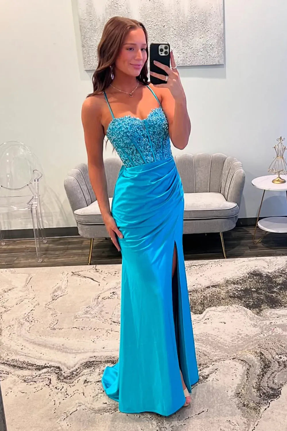 Beaded Lace Corset Sweetheart Neck Spaghetti Strap Ruched Satin High Slit Floor Length Prom Gown