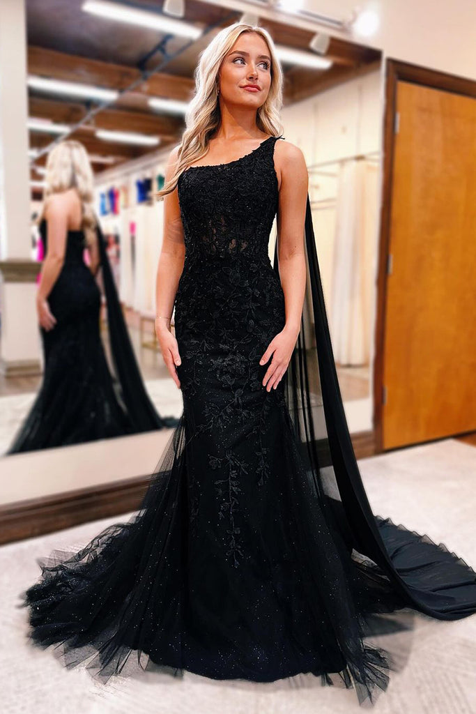 Beaded Lace Mermaid One Shoulder Cape Drape Floor Length Prom Evening Gown