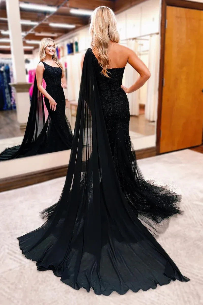 Beaded Lace Mermaid One Shoulder Cape Drape Floor Length Prom Evening Gown