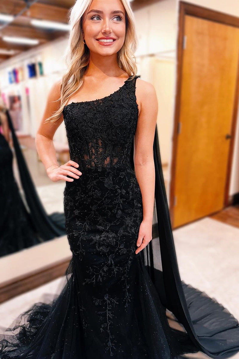 Beaded Lace Mermaid One Shoulder Cape Drape Floor Length Prom Evening Gown