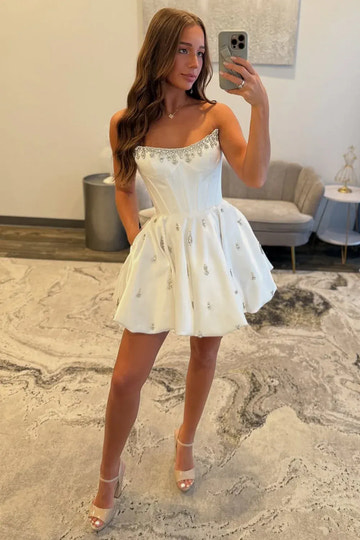 Beaded Satin A-Line Strapless Boned Corset Pocket Plain Back Mini Homecoming Dress