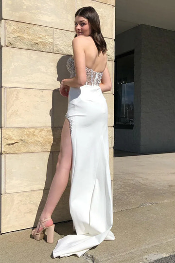 Beaded Satin Mermaid Sweetheart Strapless Backless Floor-Length Prom Gown