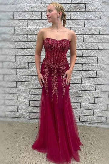 Vestido de fiesta sirena de tul con cuentas, escote corazón, sin tirantes, sin espalda y hasta el suelo