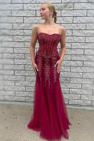 Beaded Tulle Mermaid Sweetheart Strapless Backless Floor-Length Prom Gown