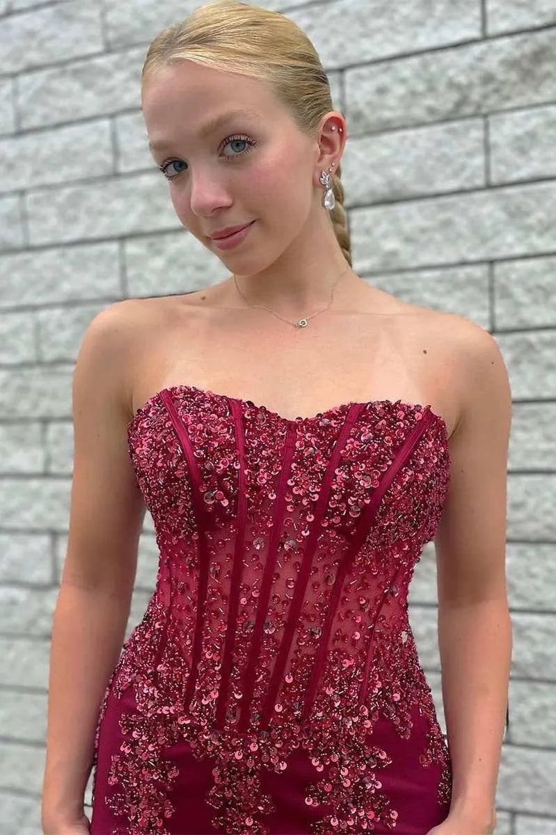 Vestido de fiesta sirena de tul con cuentas, escote corazón, sin tirantes, sin espalda y hasta el suelo