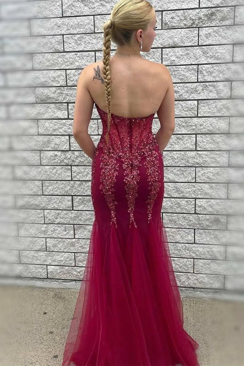 Vestido de fiesta sirena de tul con cuentas, escote corazón, sin tirantes, sin espalda y hasta el suelo