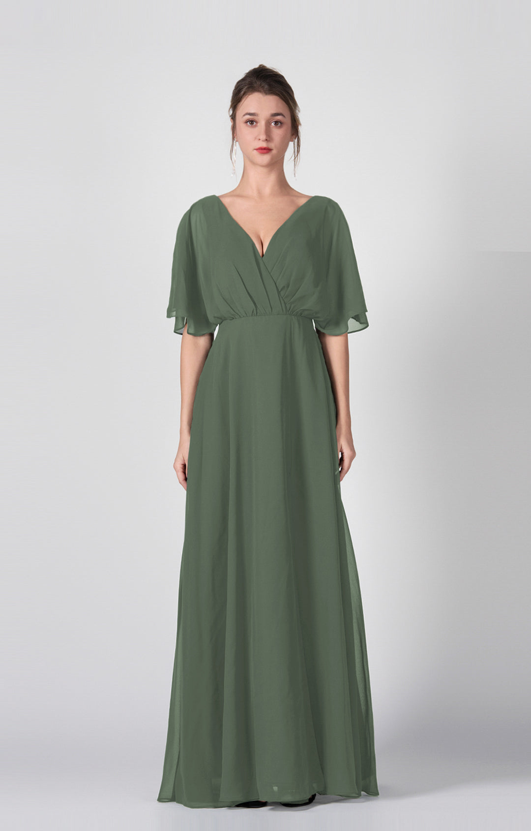 Women's Elegant Chiffon V-Neck Bridesmaid Dress Flutter Sleeves with Front Slit Formal Evening Gown