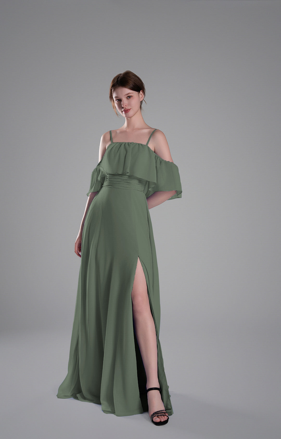 Elegant Off-the-Shoulder Chiffon Bridesmaid Dress with Ruffle Sleeves and Side Slit Floor-Length Evening Gown