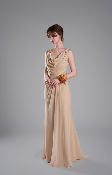 Elegant Chiffon Cowl Neck Bridesmaid Dress Sleeveless Fitted Bodice Floor Length Formal Gown