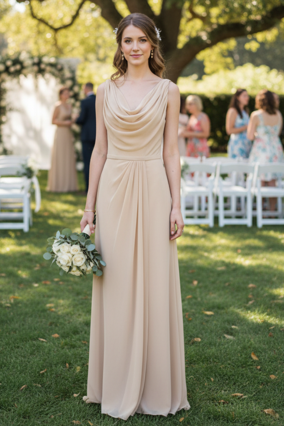 Elegant Chiffon Cowl Neck Bridesmaid Dress Sleeveless Fitted Bodice Floor Length Formal Gown