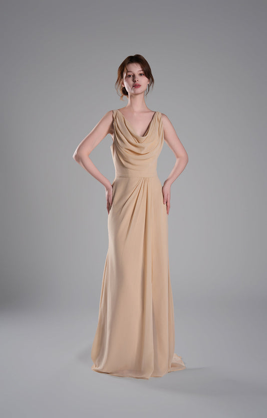 Elegant Chiffon Cowl Neck Bridesmaid Dress Sleeveless Fitted Bodice Floor Length Formal Gown