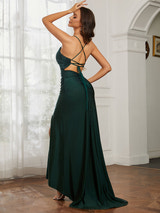 Rhinestone Embellished Spaghetti Strap Formal Gown V-Wire Neck High Slit Bodycon Maxi Dress for Prom and Pageants