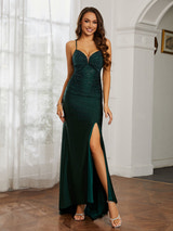 Rhinestone Embellished Spaghetti Strap Formal Gown V-Wire Neck High Slit Bodycon Maxi Dress for Prom and Pageants
