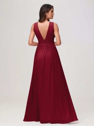 Sleeveless Deep V-Neck Pleated Chiffon A-Line Bridesmaid Maxi Dress with Slit