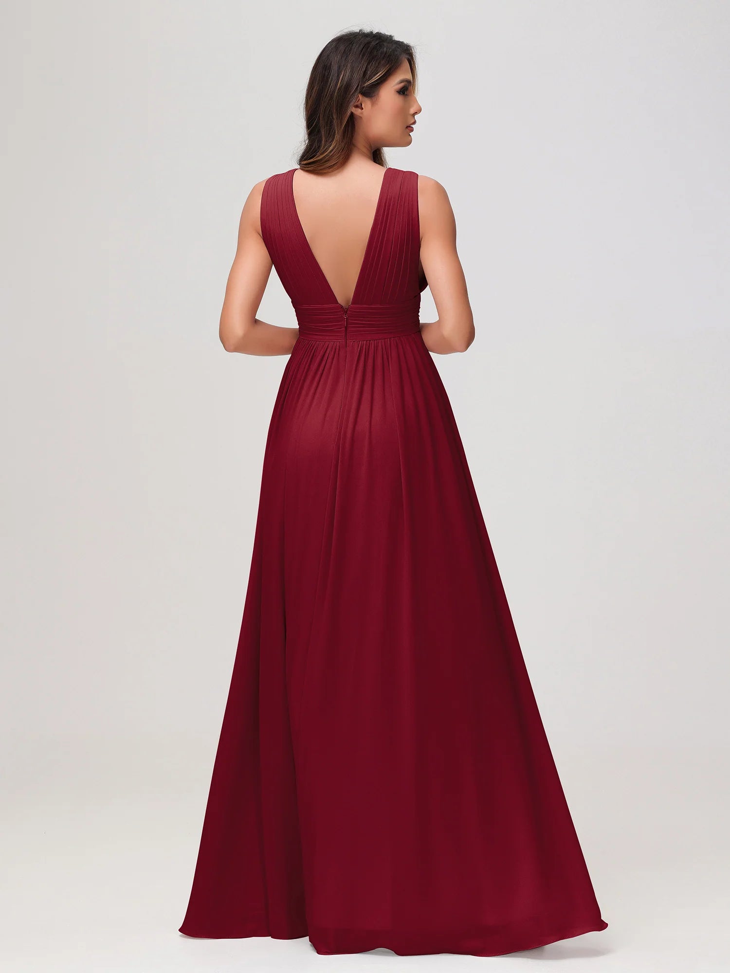 Sleeveless Deep V-Neck Pleated Chiffon A-Line Bridesmaid Maxi Dress with Slit