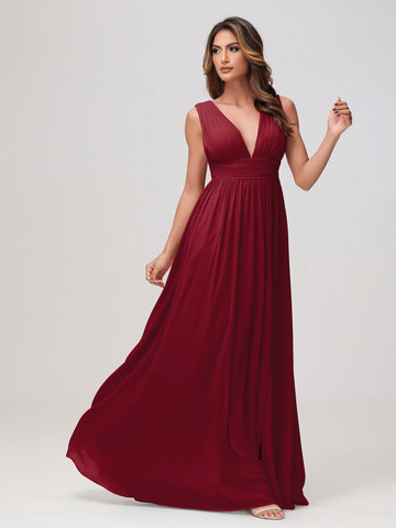 Sleeveless Deep V-Neck Pleated Chiffon A-Line Bridesmaid Maxi Dress with Slit