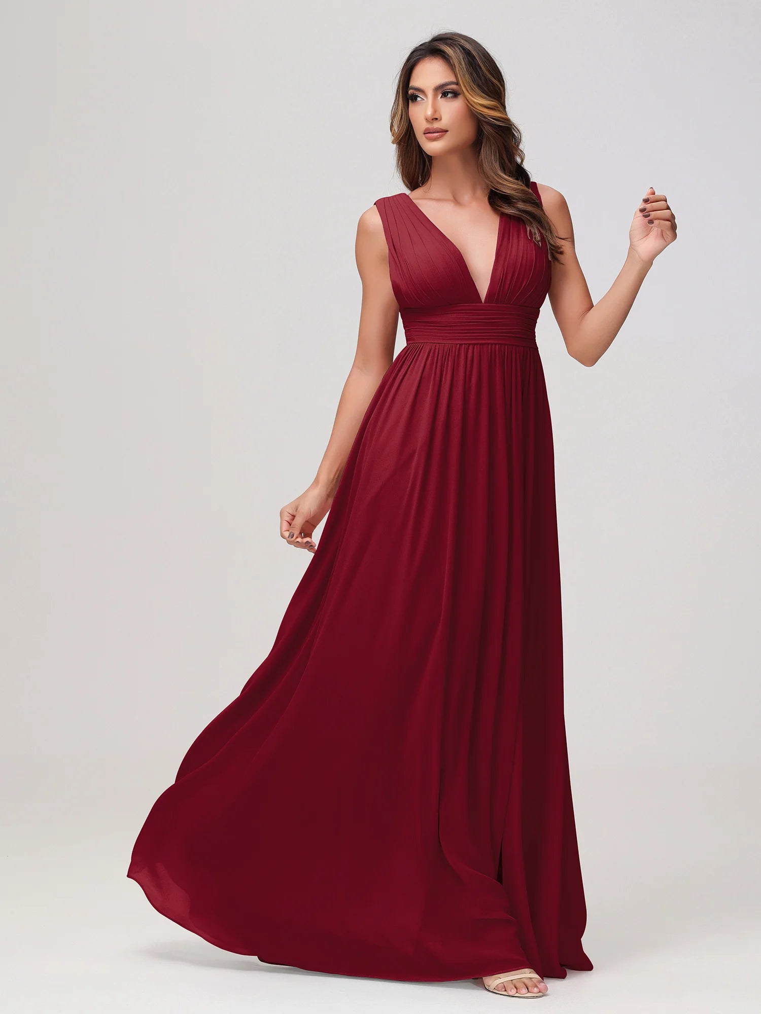 Sleeveless Deep V-Neck Pleated Chiffon A-Line Bridesmaid Maxi Dress with Slit