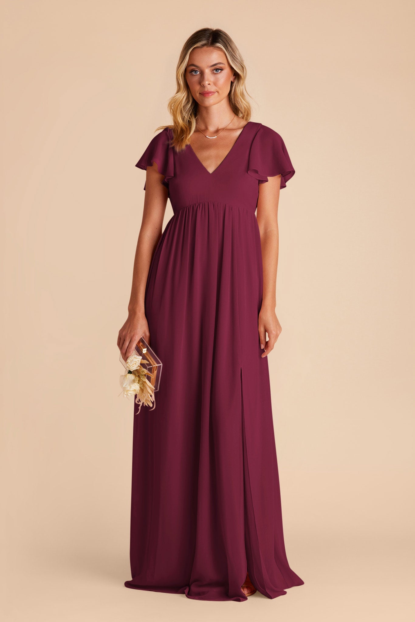 Women's V-Neck Flutter Sleeve Chiffon Bridesmaid Dresses Maxi Dress with Empire Waist & Side Slit Formal Evening Gown