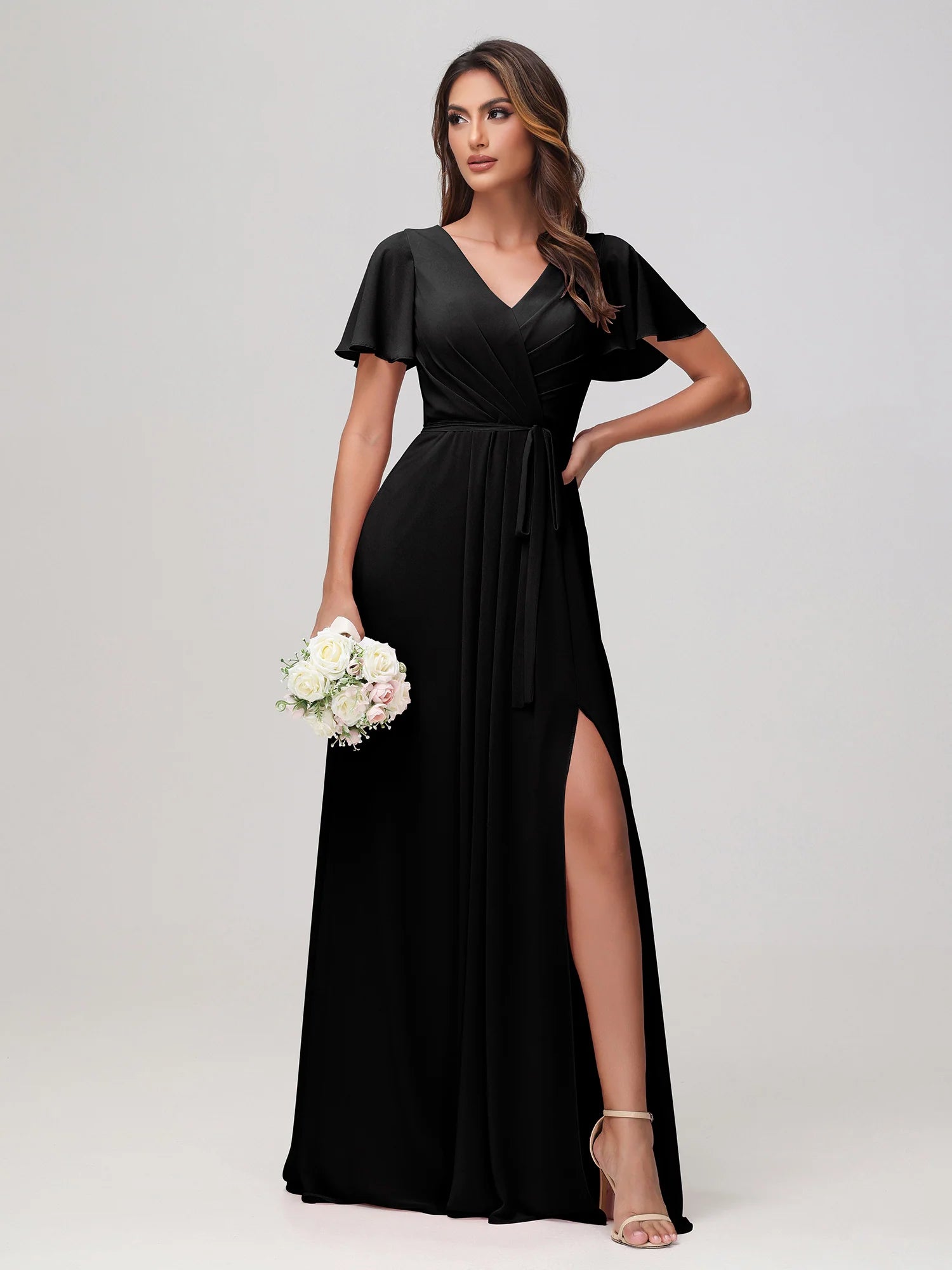 Boat Neck Flutter Sleeve Chiffon A-Line Bridesmaid Maxi Dress with Waist Tie & Pockets