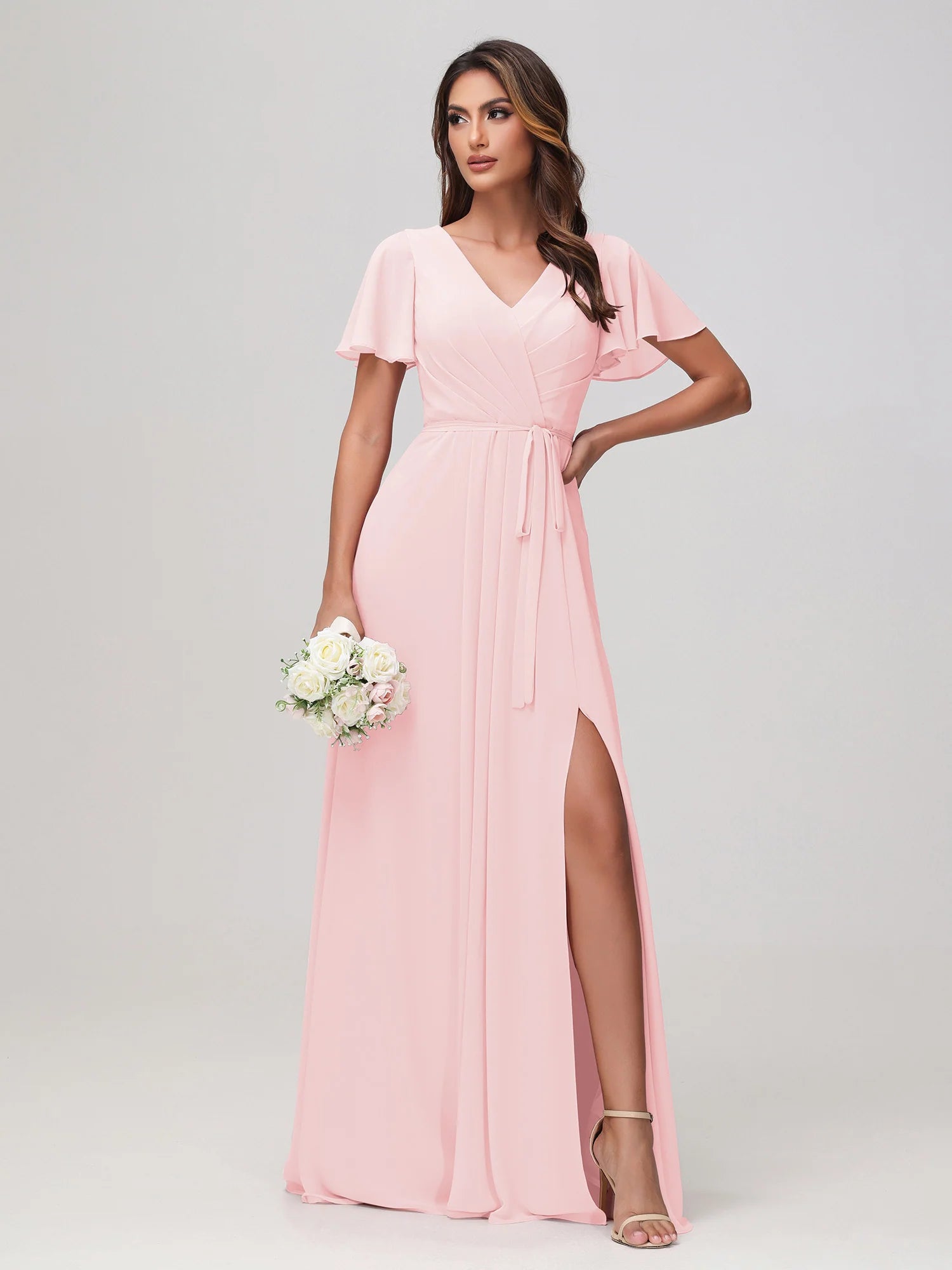 Boat Neck Flutter Sleeve Chiffon A-Line Bridesmaid Maxi Dress with Waist Tie & Pockets