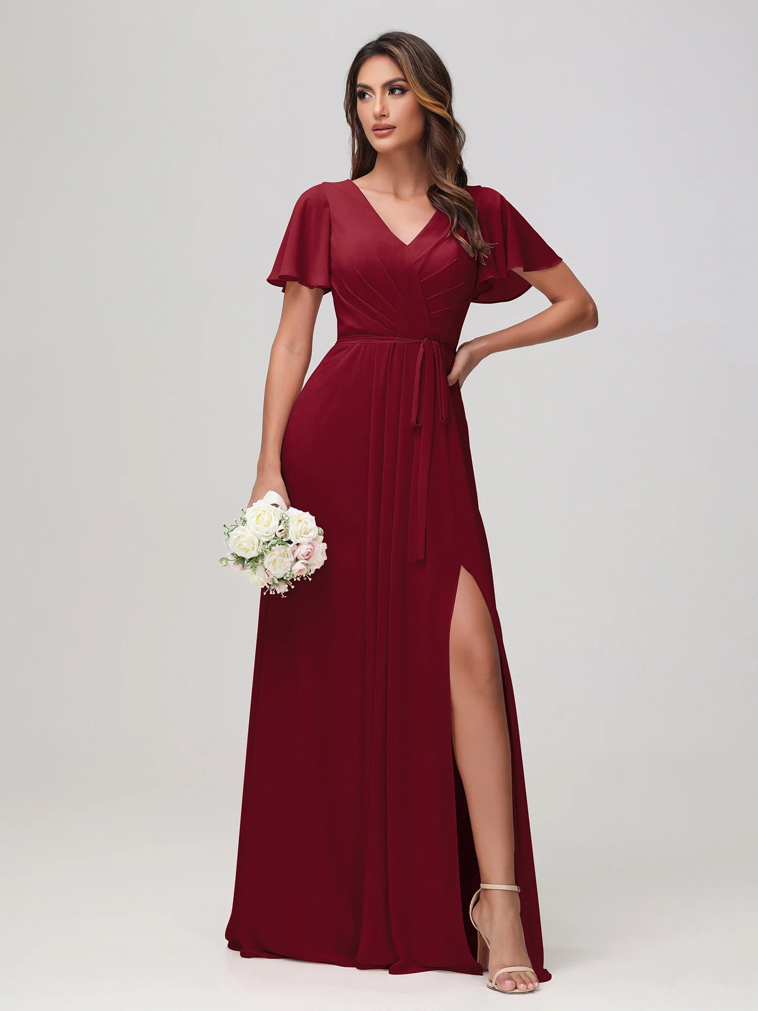Boat Neck Flutter Sleeve Chiffon A-Line Bridesmaid Maxi Dress with Waist Tie & Pockets